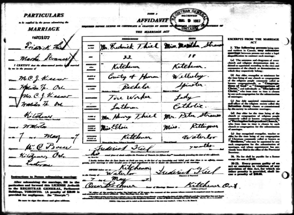 Marriage record of Frederick Thiel and Martha Strauss