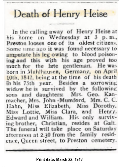 Obituary of Henry Heise