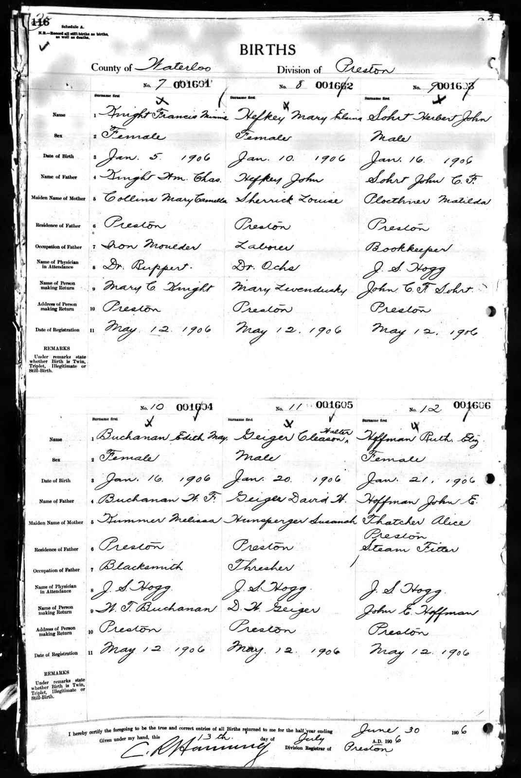 Birth record of Herbert John Sohrt Birth record of Herbert John Sohrt